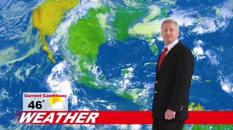 Weatherman in news studio giving weather forecast Stock Footage