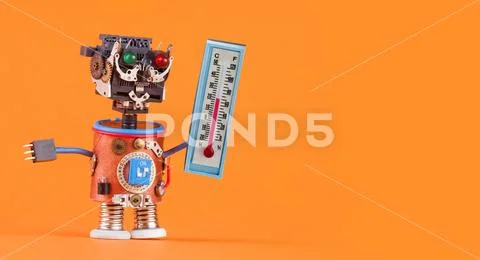 Weathermen robot with thermometer displaying comfort room temperature 21 degree Stock Photos