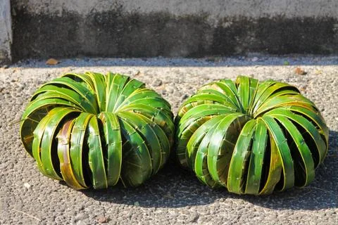 Weaved baskets lie in the sun tied in a bundle. They are made from banana lea Stock Photos