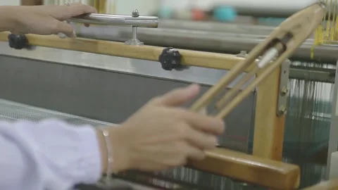 Weaver Hand Operating Manual Loom for Textile Production. Modern Tenun Machine 스톡 동영상 336711271