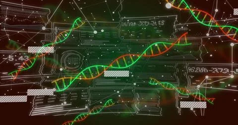 Weaving glowing DNA helix strands crossing abstract technical visualization, Stock Illustration