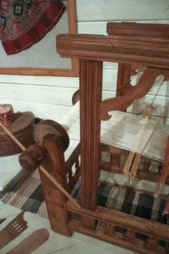 Weaving loom and loom made of wood. Vintage style. Stock Photos