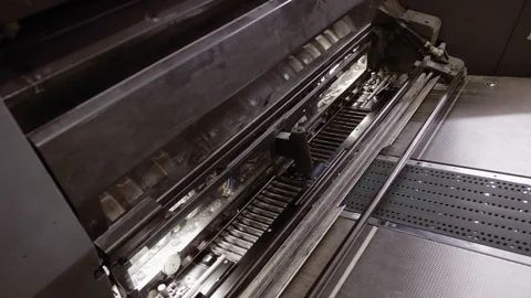 Weaving loom at printing house, closeup. industrial fabric production line. Stock Footage 110797710