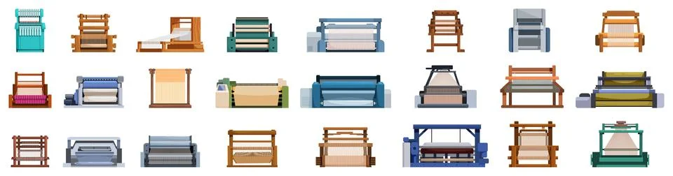 Weaving machine icons set. Weaving looms, exploring textile machinery for c.. Stock Illustration