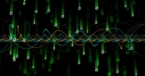 Weaving multicolored waveform lines across dark digital field, with glowing Stock Photos
