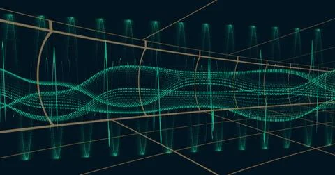 Weaving turquoise dotted waveform through 3D grid envelope space with light Stock Photos