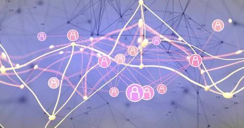 Weaving user-icon node cluster across violet-blue data field, with pastel curves Stock Illustration