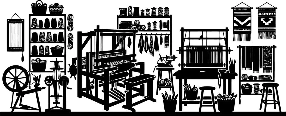 Weaving Workshop Scene Featuring Traditional Loom Equipment and Textile Craft Ilustración de archivo