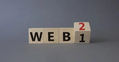 WEB 2 or 1 symbol. Turned wooden cubes with words WEB 1 and WEB 2. Beautifu.. 写真素材