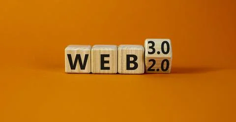 WEB 2.0 or 3.0 symbol. Turned a wooden cube and changed words WEB 2.0 to WEB  库存照片