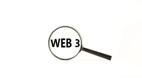 WEB 3 symbol. Concept words WEB 3. Magnifying glass. Beautiful white table, w Stock Photos