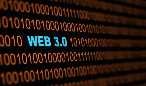 WEB 3 technology. Close-up of Binary codes on screen with WEB 3.0 word in i.. Illustrazione stock