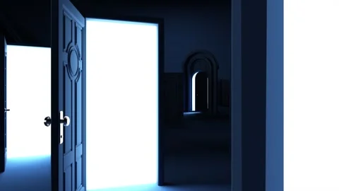 Web 3.0 and Metaverse come to life as luminous doors illuminate a dark spac.. Stock Footage 252575029