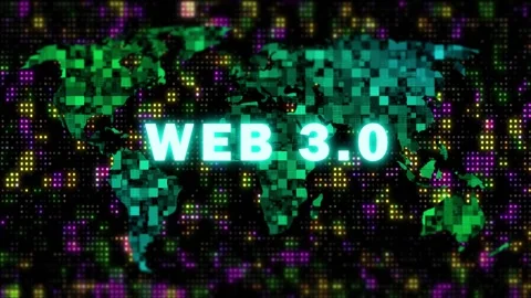 Web 3.0 bright word animation on digital world map background Stock Footage 253554468