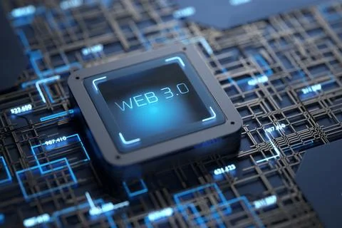 WEB 3.0 chip on a computer board. The concept of decentralized, technology an Stock-Illustration