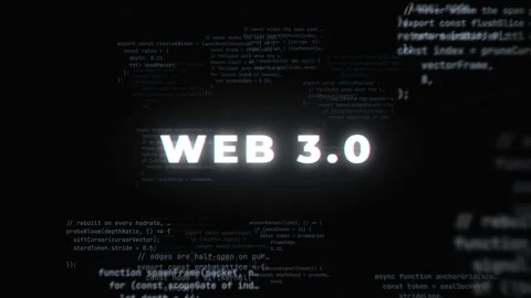 Web 3.0 glowing title text with chromatic glitch over blurred programming code Video stock 344637905
