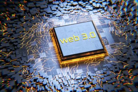 WEB 3.0 technology concept. Web 3.0 inscription on a futuristic microprocesso Illustrazione stock
