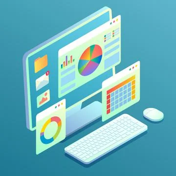 Web analytics concept. Desktop computer with charts, graphs on screen. Data Stock Illustration