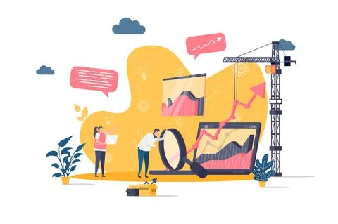 Web analytics concept in flat style. Analyst analyzing growing graph scene Stock-Illustration