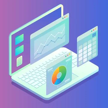 Web analytics concept. Laptop computer with charts, graphs on screen. Website 스톡 일러스트