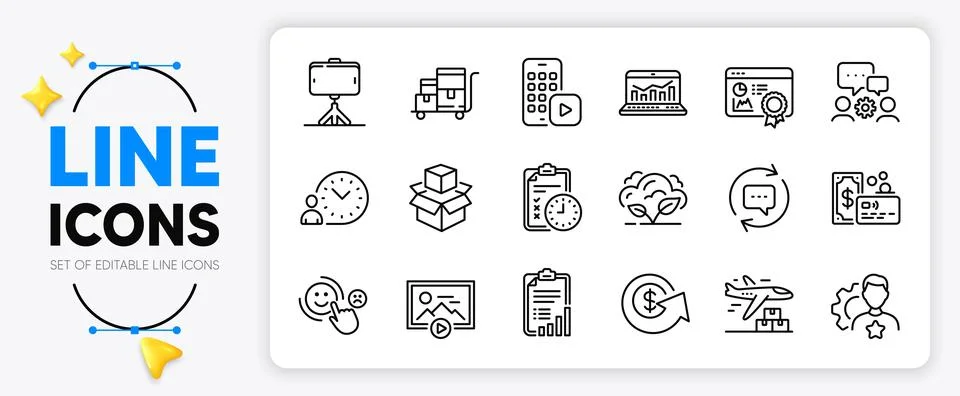 Web analytics, Customer satisfaction and Time management line icons. For web app Illustrazione stock