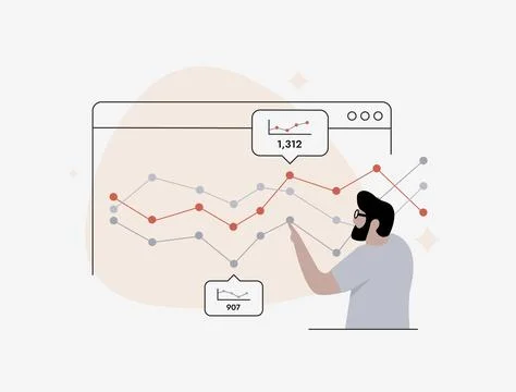 Web analytics with dashboard interface and person analyzing charts. Web Stock Illustration