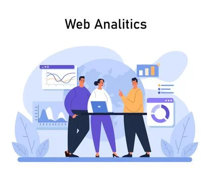 Web Analytics highlighted. Team of three collaborates on website data Stock Illustration