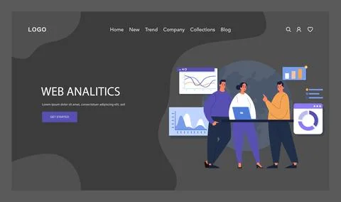 Web Analytics highlighted. Team of three collaborates on website Stock Illustration