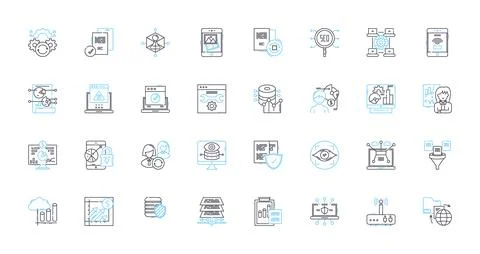 Web analytics linear icons set. Metrics, Data, Traffic, Conversions, SEO Stock Illustration