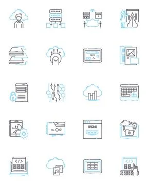 Web analytics linear icons set. Tracking, Analysis, Metrics, Conversion Stock Illustration