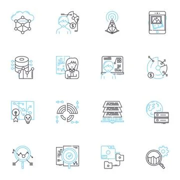 Web analytics linear icons set. Metrics, Data, Traffic, Conversions, SEO Stock Illustration