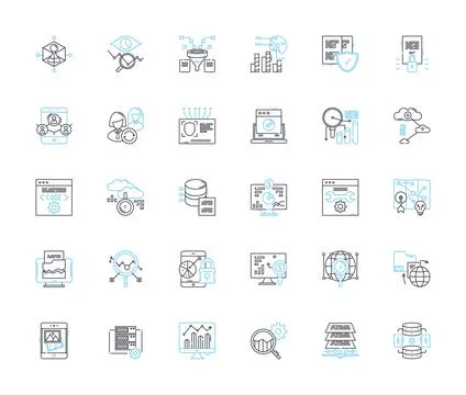 Web analytics linear icons set. Metrics, Data, Traffic, Conversions, SEO Stock Illustration
