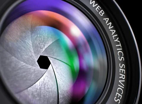 Web Analytics Services on Digital Camera Lens. Closeup Illustrazione stock