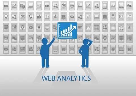 Web analytics vector illustration with two data analysts. Stock Illustration