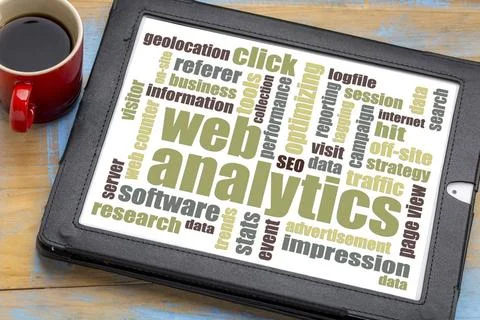 Web analytics word cloud web analytics word cloud on a digital tablet with... Stock Photos