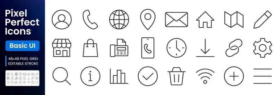 Web and communication line icon set. User, phone, mail, location, home minimal Stock Illustration
