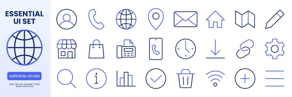 Web and communication line icon set. User, phone, mail, location, home minimal Stock Illustration