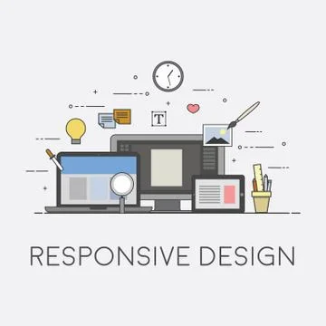 Web and mobile design. Responsive UI. Process of design. Flat design Stock Illustration