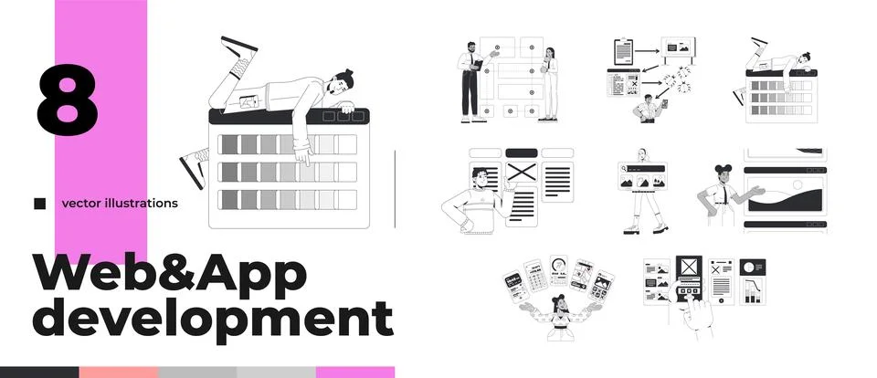 Web and mobile development line illustration concept pack Stock Illustration