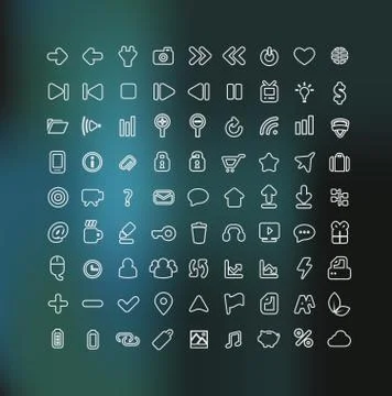 Web and Mobile icon set in white outline isolated on background Stockillustratie