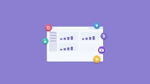Web app dashboard in browser with charts and 3D icons, violet 動画素材 342598478