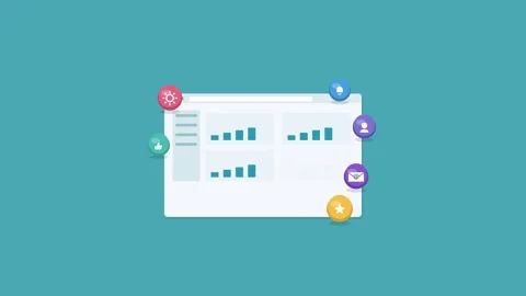 Web app dashboard in browser with charts and 3D icons, teal Vídeo Stock 342598481