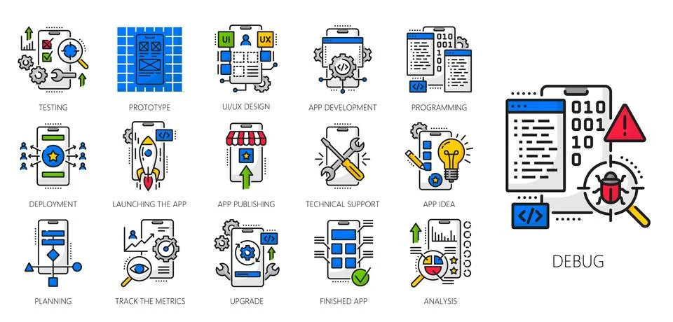 Web app develop and optimization color line icons Stock Illustration