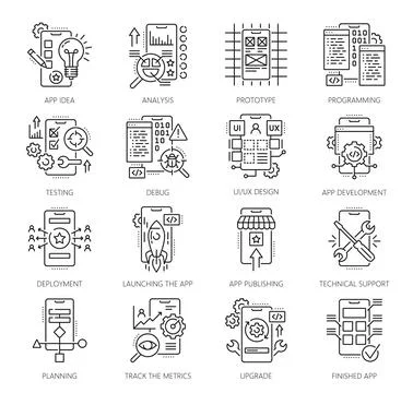 Web app development and optimization line icons Stock Illustration