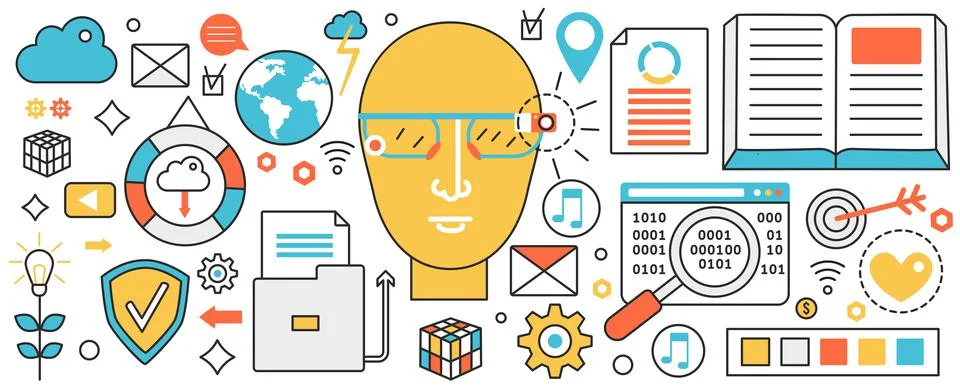 Web app development technology, abstract head brainstorming process, AI tech Stock Illustration