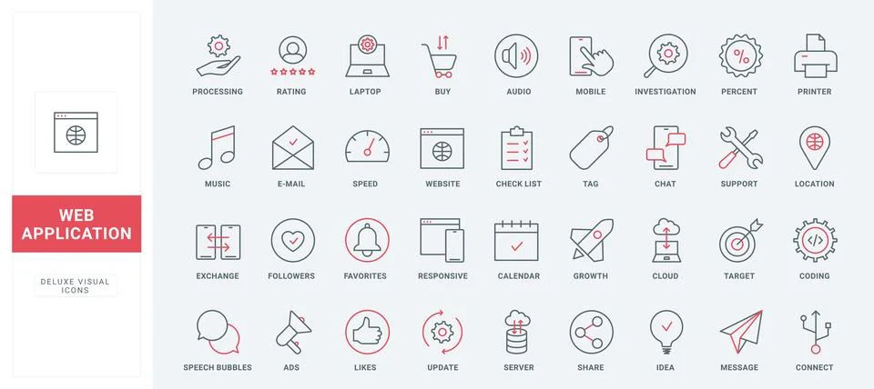Web app thin black and red line icons set, applications with responsive Stock Illustration