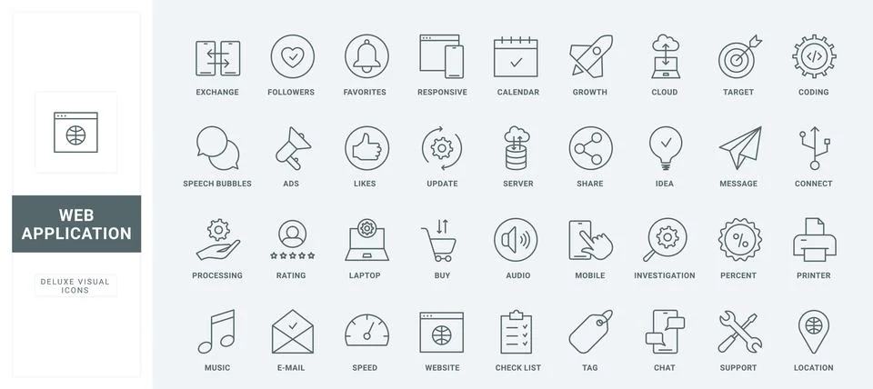 Web app thin black and red line icons set, applications with responsive Stock Illustration