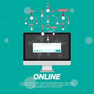 Web application on computer and Icon for social network. Stock Illustration