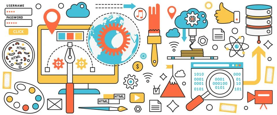 Web application development technology, computer monitor with devices for design Illustrazione stock