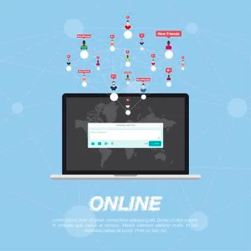 Web application on laptop and Icon for social network. Stock Illustration